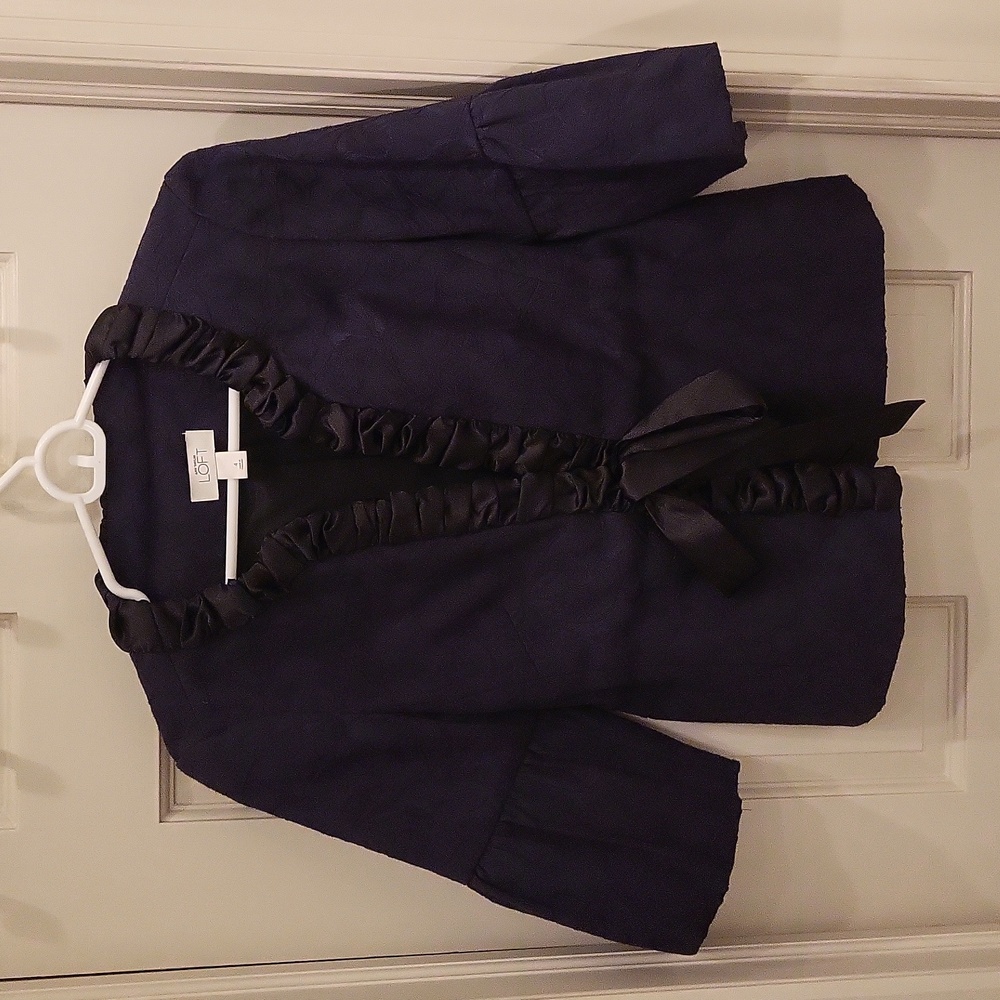 Ann Taylor Loft Suit Coat with Bell Sleeves, Navy blue, black satin detailing